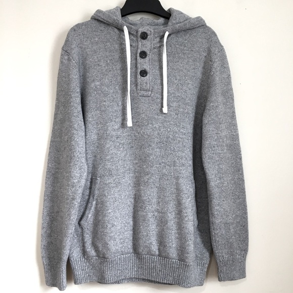 H&M Henley Heather Gray Long Sleeve Hooded Pullover Knit Sweater - Picture 1 of 15